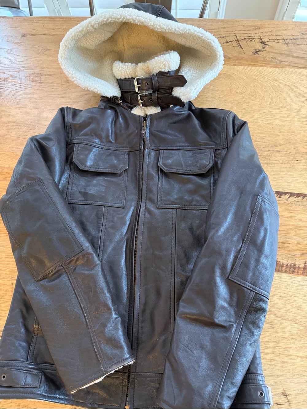 Brown Leather Hooded Bomber Jacket with Sherpa Lining
